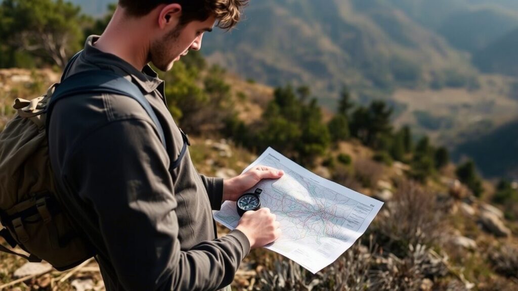 Человек смотрит на карту в лесу